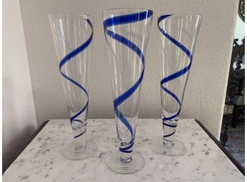 Pair Of Three Blue Swirled Glass Beer Glasses Mouthblown In China