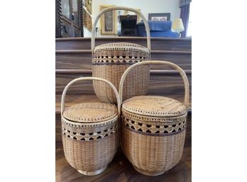 Pair Of Three Woven Vietnamese Lidded Baskets In Tiered Sizes