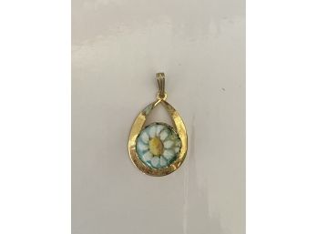 Lovely Gold Toned Pendant With Painted Porcelain Flower