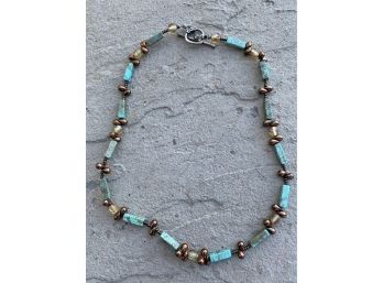 Dainty Turquoise Single Strand Beaded Necklace With Seed Bead & Copper Details With Matching Earrings