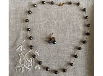 Beautiful Chinese Black Pearl And Gold Bead Necklace With Matching Earrings