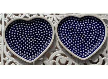 Pair Of Two Sweet Polish Pottery Heart Shaped Serving Plates