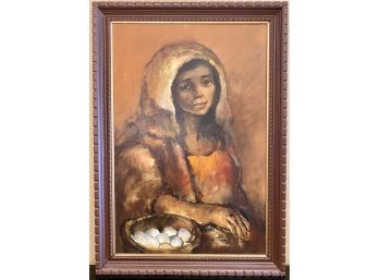 1970 Salvador Cabrera Signed Oil Woman With Eggs Painted Wood Frame