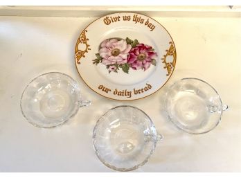 Give Us This Day Our Daily Bread Antique  Bavarian Plate And 3 Glass Cups