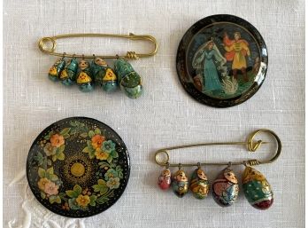 Great Collection Of Vintage Russian Painted Fairytale Pins & Two Nesting Doll Pins