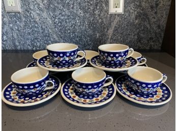 Mosquito Pattern Set Of 8 Polish Pottery Cups And Saucers -16 Pieces Total