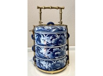 Blue And White Porcelain Hand Painted Chinese 3 Tier Tiffin Box