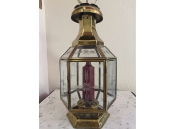 Beautiful Etched Glass Hanging Turkish Candle Lantern Wit Brass Finish