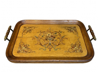 Hallmarked Inlay Marquetry Antique Serving Tray With Brass Handles
