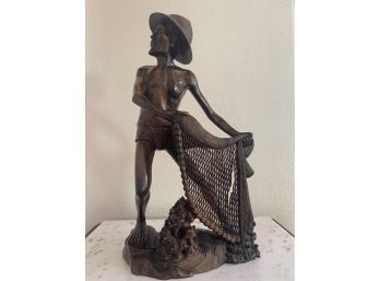 Beautiful & Large Carved Ebony Hardwood Fisherman Sculpture With Net