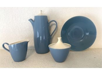 Vintage Blue Coffee Pot W/ Cream Sugar & Bowl