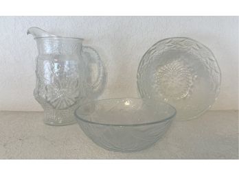 Glass Pitcher & 2 Bowls With Floral Designs