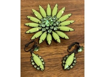 Vintage Lime Green Pin W/ Clip On Earring Set