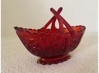 Vintage Ruby Red Fenton Glass Twig Handles Small Basket