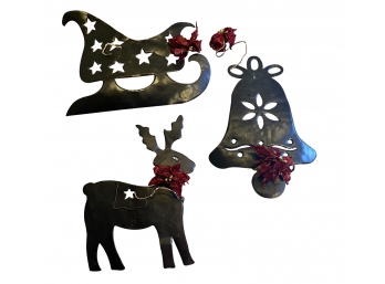 Great Grouping Of Cut Metal Christmas Outdoor Wal Hangings Including Bell, Sleigh, & Reindeer