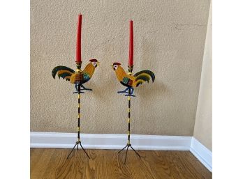 Pair Of Folk Art Hand Painted Rooster Candle Sticks