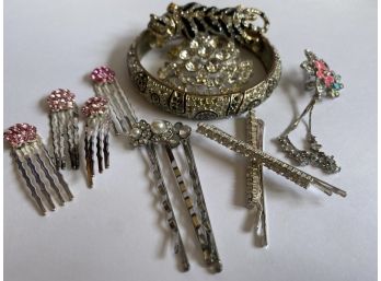 Great Group Of Rhinestone Accessories Including Leopard Pin, Bejeweled Bangle And Hair Pins