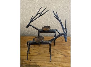 Pair Of Two Cast Iron Metal Deer Candle Holders