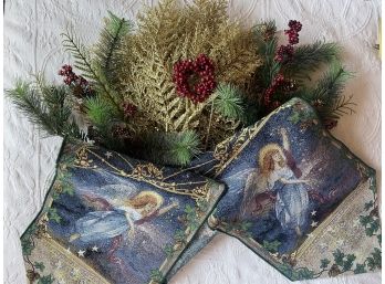 Great Grouping Of Christmas Decor Including Lovely Table Runner With Angels
