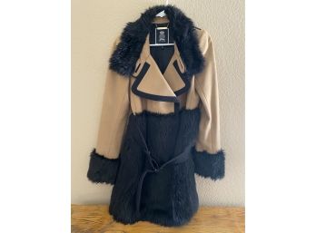 Juicy Couture Colorblock Faux Fur Belted Coat In Tan And Black