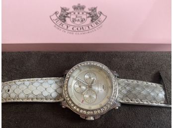 Juicy Couture Rhinestone And Silver Leather Watch In Box