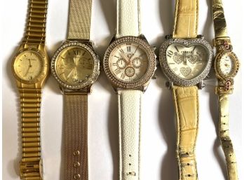 Great Grouping Of Ladies Glitzy Gold Tone Watches From Ceres, Versailles And Pierre Cardin