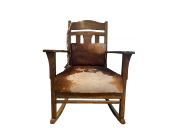 Lovely Antique Oak Rocker With Cowhide Cushions