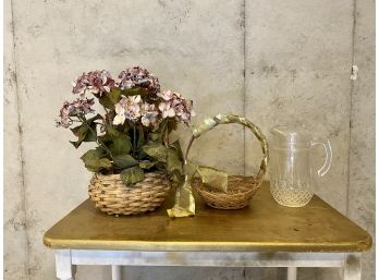 Grouping Of Faux Flowers, Baskets And Crystal Pitcher