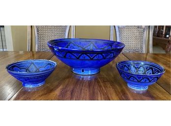 Three Beautiful Blue And Black Hand Painted And Signed Bowls