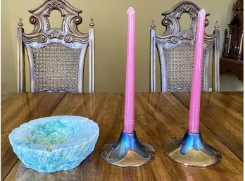 Pair Of Glazed Ceramic Candlesticks And Hand Carved Stone Ashtray