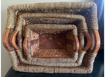 Great Set Of Three Wood & Twine Woven Nesting Baskets