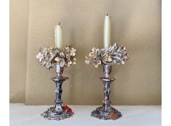 Pair Of Silver Colored Candlesticks With Leaf Detail