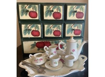 Lovely & Sweet Decorative Miniature Tea Set & Painted Apple Small Storage Box