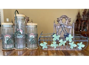 Two Wire And Wicker Handled Baskets With Jars