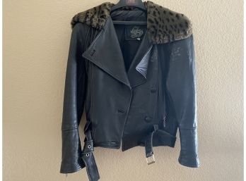 Synergy Ladies Leather Belted Biker Jacket With Faux Fur Liner