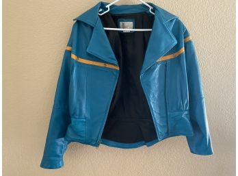 Fabulous Vintage Coritzia Made In USA Size Small Ladies Leather Jacket With Teal & Pink