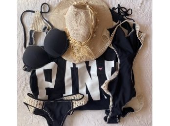 FUN IN THE SUN! Great Grouping Of Beachwear Including VS Swimsuits, Duffle Bag, And A Sunhat With Shells