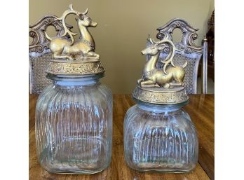 2 Gold Reindeer Top Glass Containers
