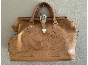 Awesome Tooled Leather Handbag With Belt Buckle Handle