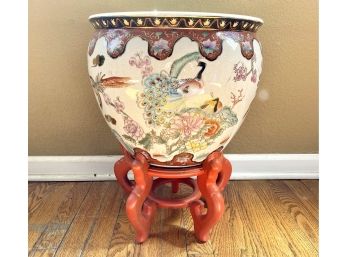 Beautiful Reds And Pinks Cloisonne Planter On Red Wood Stand