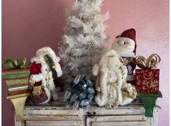 Great Grouping Of Christmas Decor Including White Faux Christmas Tree & Santas
