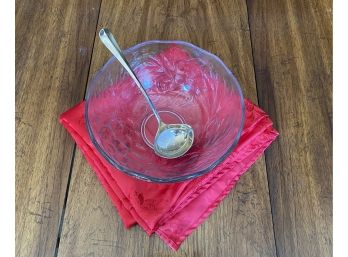 Glass Punch Bowl With Ladle And Satiny Festive Tablecloth