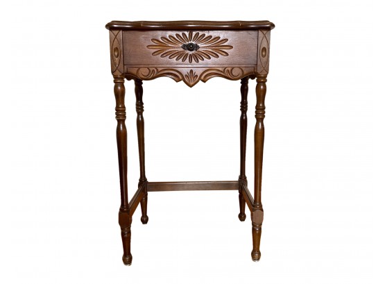 Gorgeous Antique Small Table With Drawer Turned Legs And Flower Detail