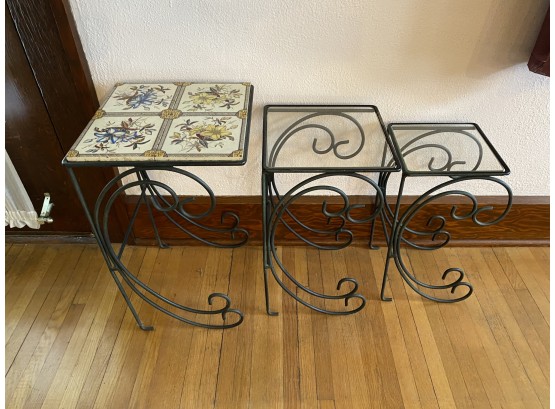 Nesting Glass Top/ Tile Wrought Iron  Side Tables Great For Outdoors And Company