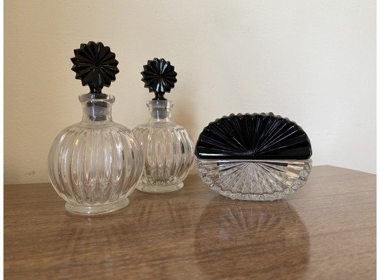 3 Empty Black And Clear Textured Glass Perfume Bottles And Trinket Box