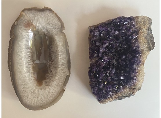 Great Grouping Of Natural Stones Including Agate Sliced Shallow Bowl And Amethyst Specimen