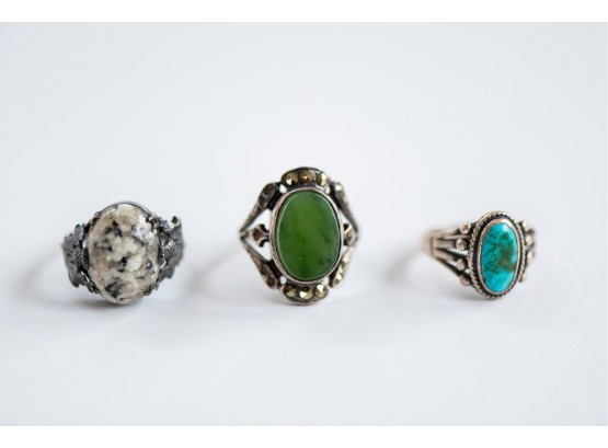 A Trio Of Three Vintage & Antique Sterling Silver Rings With Teal & White Buffalo Turquoise