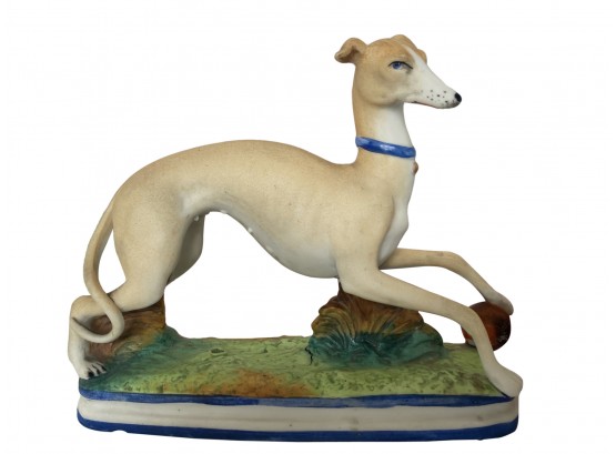 A Wonderful Antique Whippet Italian Greyhound Victorian Bisque Dog With Ball