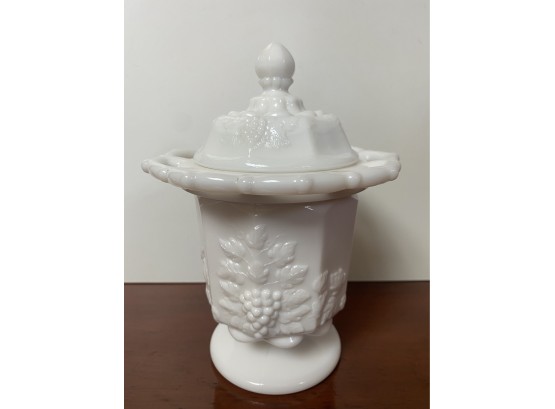Lidded Milk Glass Candy Or Compote Dish With Reticulated Edge And Grape Leaf Design