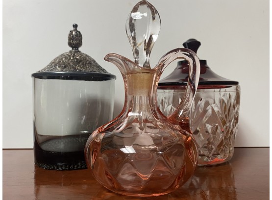 Great Grouping Of Two Pickle Or Olive Containers & One Pink Glass Cruet
